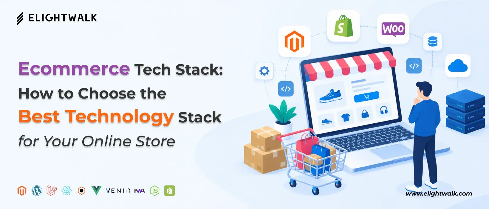Ecommerce technology stack with frontend, backend, database, hosting, and third-party tools for online stores