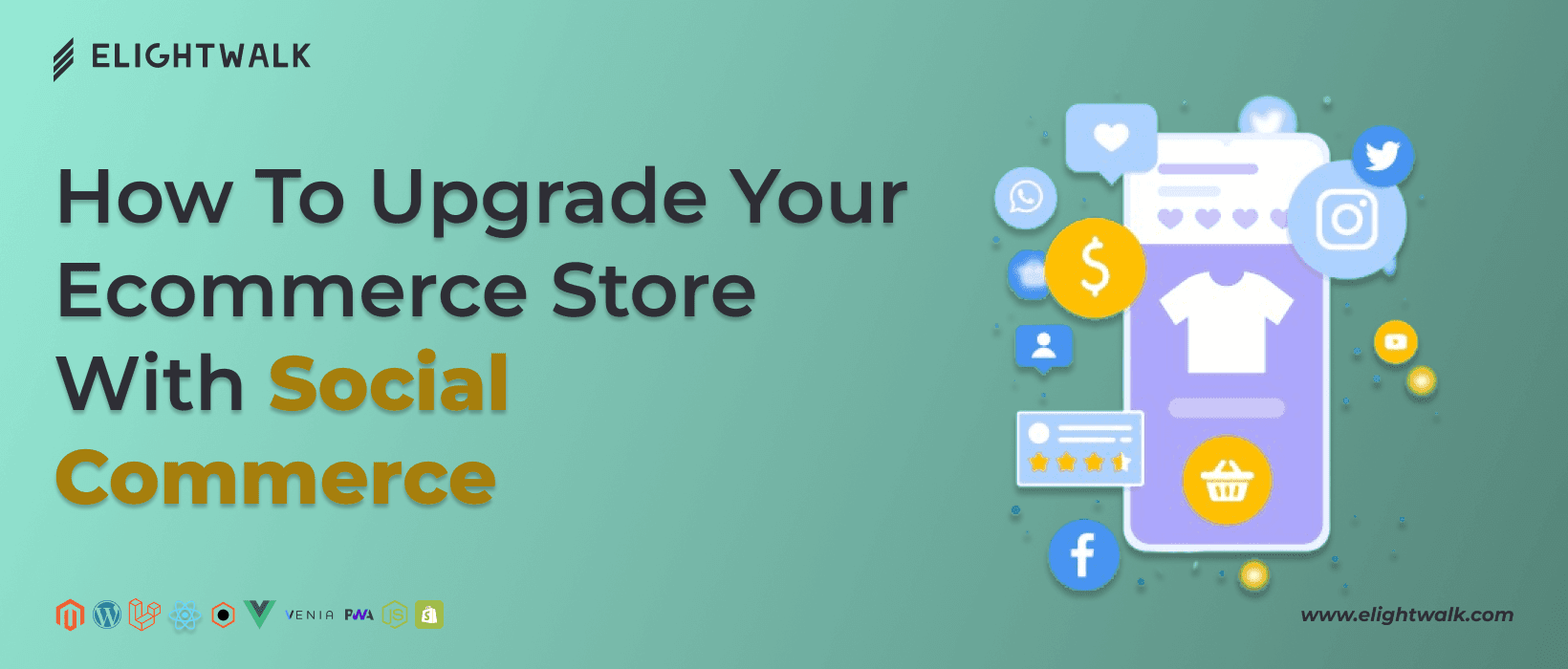 Illustration showing how to upgrade an ecommerce store using social commerce strategies and social media integration