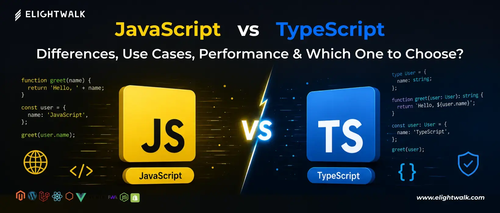 Comparison of JavaScript and TypeScript covering differences, performance, use cases, and development benefits
