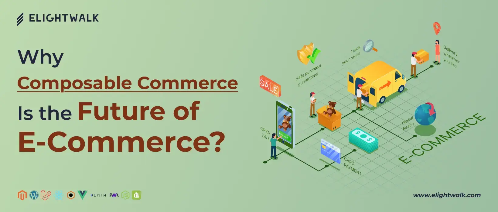 Illustration representing composable commerce architecture as the future trend in eCommerce, with modular components and digital storefronts.